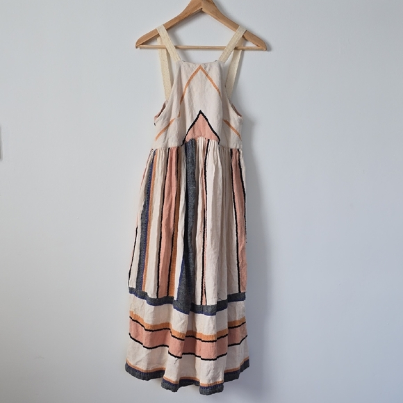 Free People Dresses & Skirts - Free People Striped Bloom Dress Ivory Natural Textured Apron Midi Size XS
